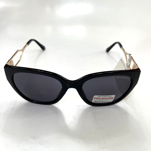 New Original TRUE RELIGION Cat Eye Sunglasses Black Acetate Gold Logo Classic main image 5